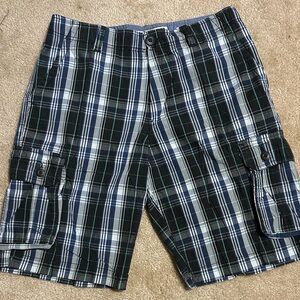 Ecko Unlimited Blue, Black & White Plaid Cargo Shorts
